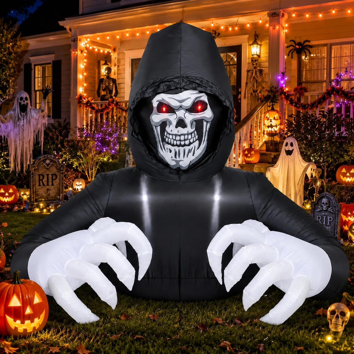 Buheco Inflatable Halloween Decorations Outside Grim Reaper 6FT Giant Scary Blow Up Skeleton Spooky Ghost Outdoor Yard Decor Inflatables Built in LED Lights for Indoor and Lawn Garden Party Holiday
