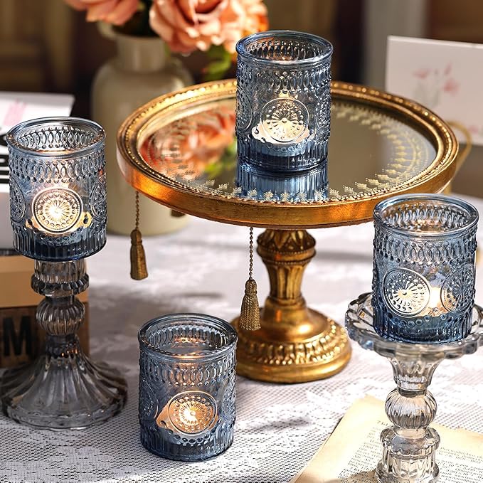 DARJEN Blue Votive Candle Holders Set of 36- Glass Candle Holders Bulk for Tea Light Candle, Embossed Candle Votives for Wedding Centerpiece, Living Room & Home Table Decor