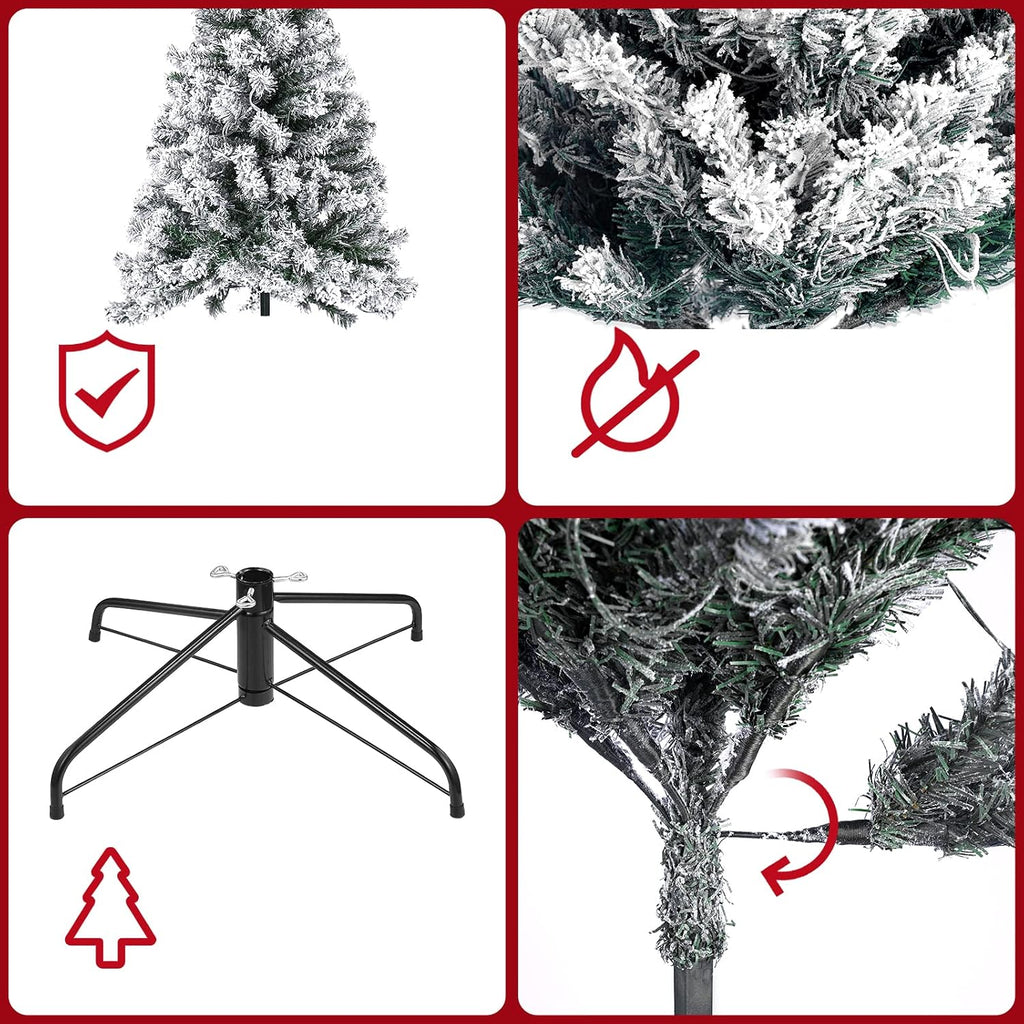 Okicoler 6.5ft Pre-Lit Snow Flocked Artificial Christmas Pine Tree with ELD Lights and Metal Base Stand for Home, Office, Party,Xmas Decoration,White (6.5ft)