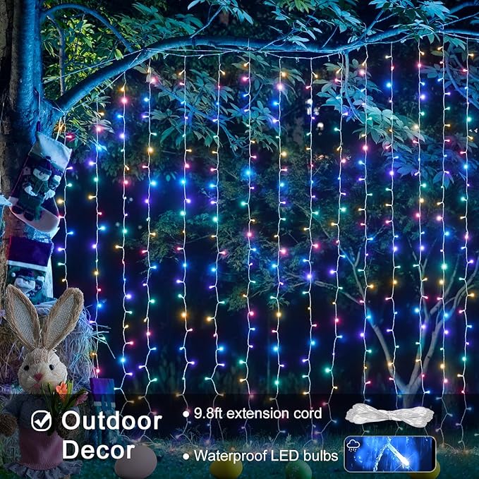 JMEXSUSS 300LED Easter Decorations Curtain Lights with Remote, 9.8x9.8ft Easter Sting Lights Plug in for Bedroom Wall Window Party Backdrop Porch Patio Garden Yard Indoor Outdoor Decor