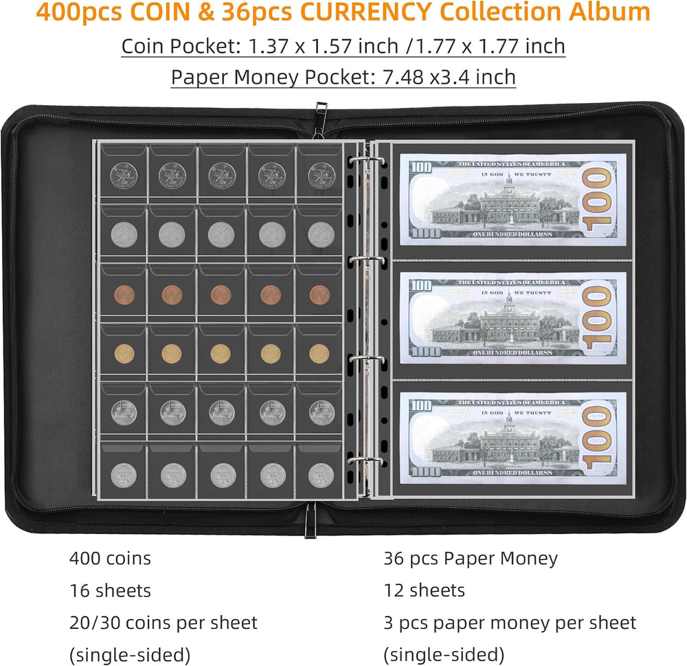 400-Pocket Fireproof Coin Collection Book & 36 Paper Money Organizer Binder