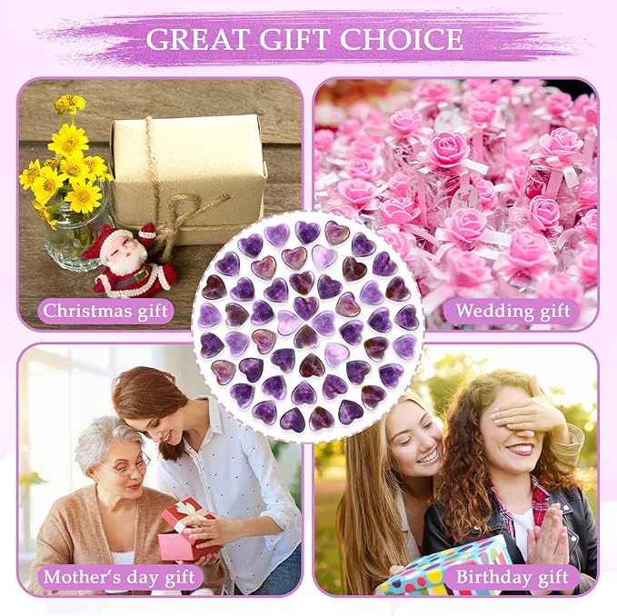 Gerrii 50 Pcs Heart Healing Stone Bulk Quartz Heart Inspirational Stones Gift for Women Love Pocket Polished Natural Energy Balancing Meditation 0.8 Inch(Purple)