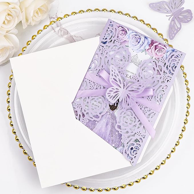 Purple Butterfly Laser Cut Wedding Invitations 50 Set, Hollow Out Rose Shaped Wedding Invites for Bridal Shower Quince Invitaciones Para Boda (Blank Inner Sheet, No Pattern) (50pcs)