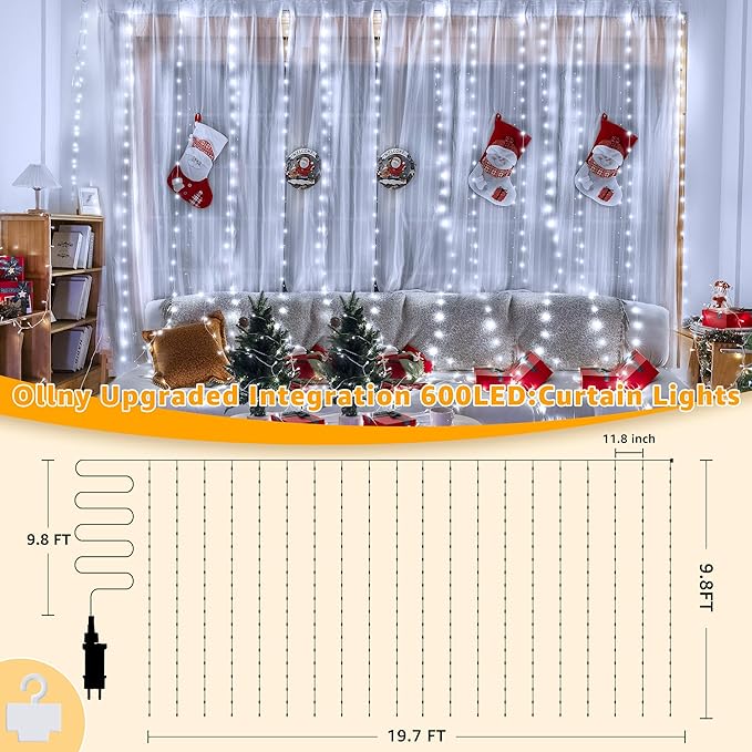 Ollny Curtain Lights 600LED 19.7ft x 9.8ft, IP67 Waterproof Outdoor Curtain Rice Lights with Remote, Plug-in Untangle Fairy Curtain Light with 8 Modes 3 Timers for Wall Backdrop Decor(Cool White)