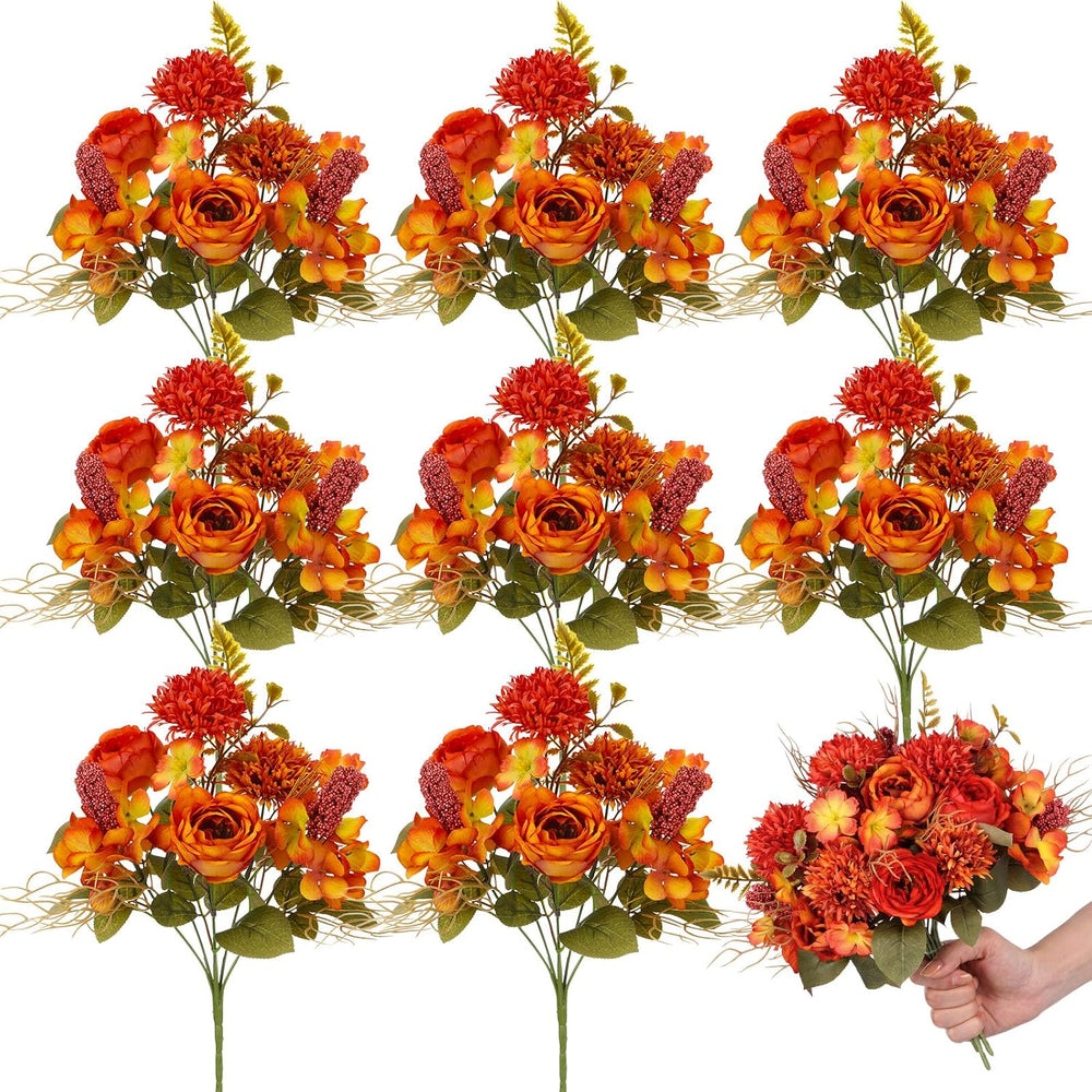 Lyrow 8 Pcs Fall Artificial Peony Hydrangea Flowers Bouquets Orange Red