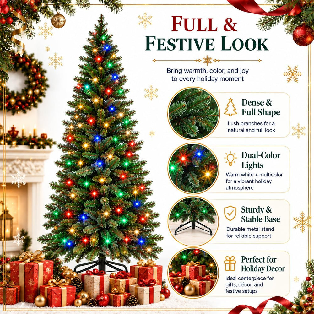 GarveeLife Hinged Artificial Prelit Christmas Tree 7.5ft, Dual-Color Lights
