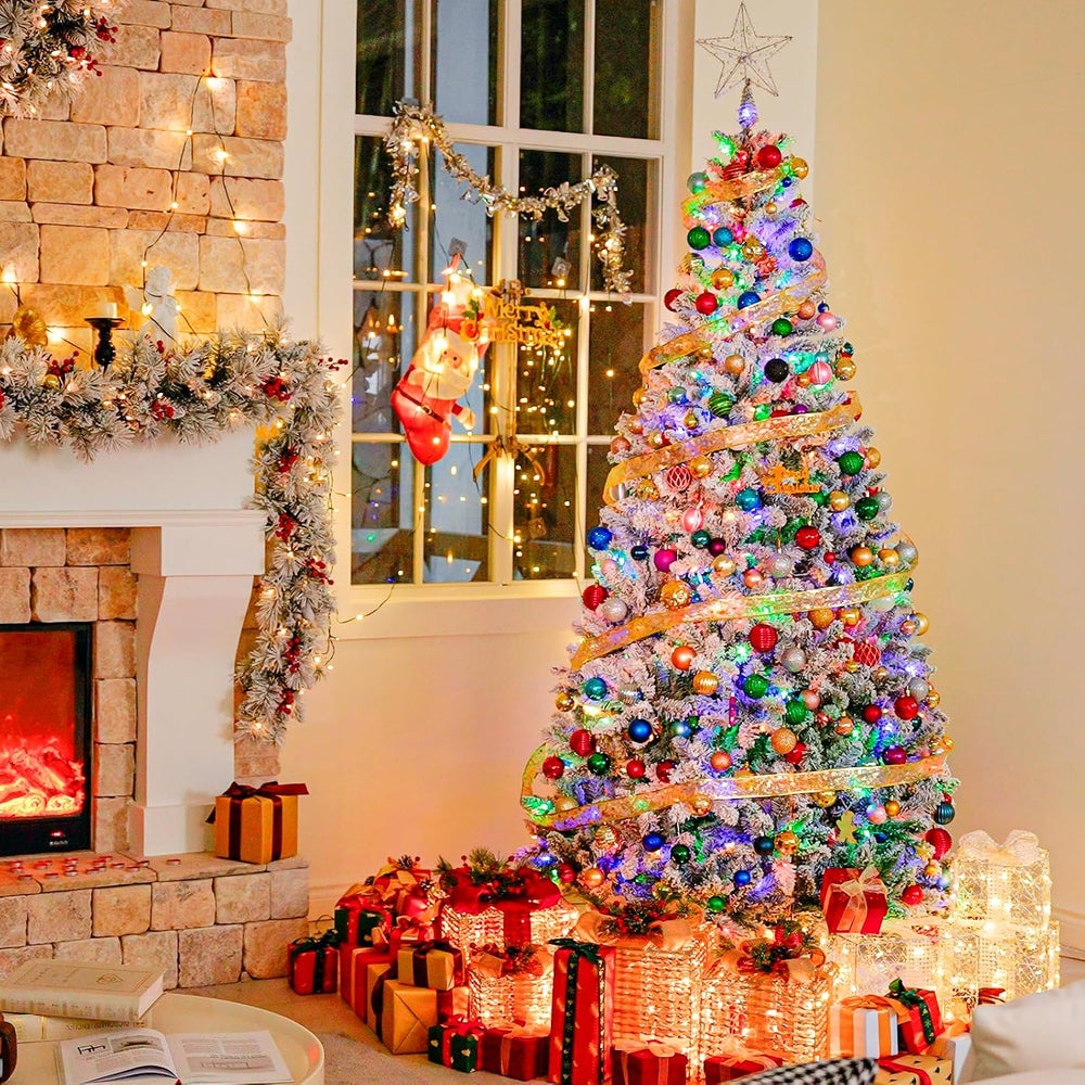 Hykolity 7.5 ft Prelit Christmas Tree with 1,446 Snow Flocked Branches