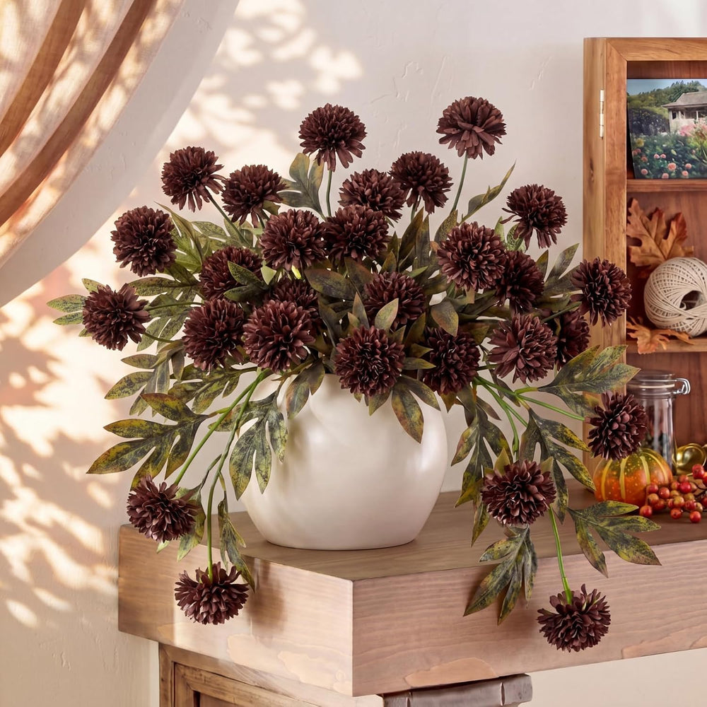 Knitgrip 8 Pcs Faux Silk Pom Pom Mum Artificial Flowers, Chocolate