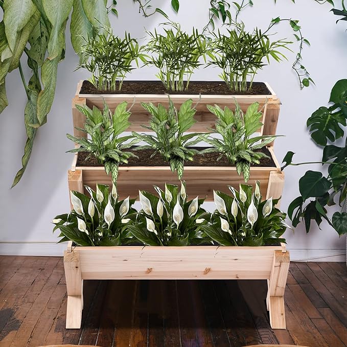 3 Tiers Wooden Vertical Raised Garden Bed with Legs,Planter Raised Beds Kit for Flowers Herbs Vegetables, Natural