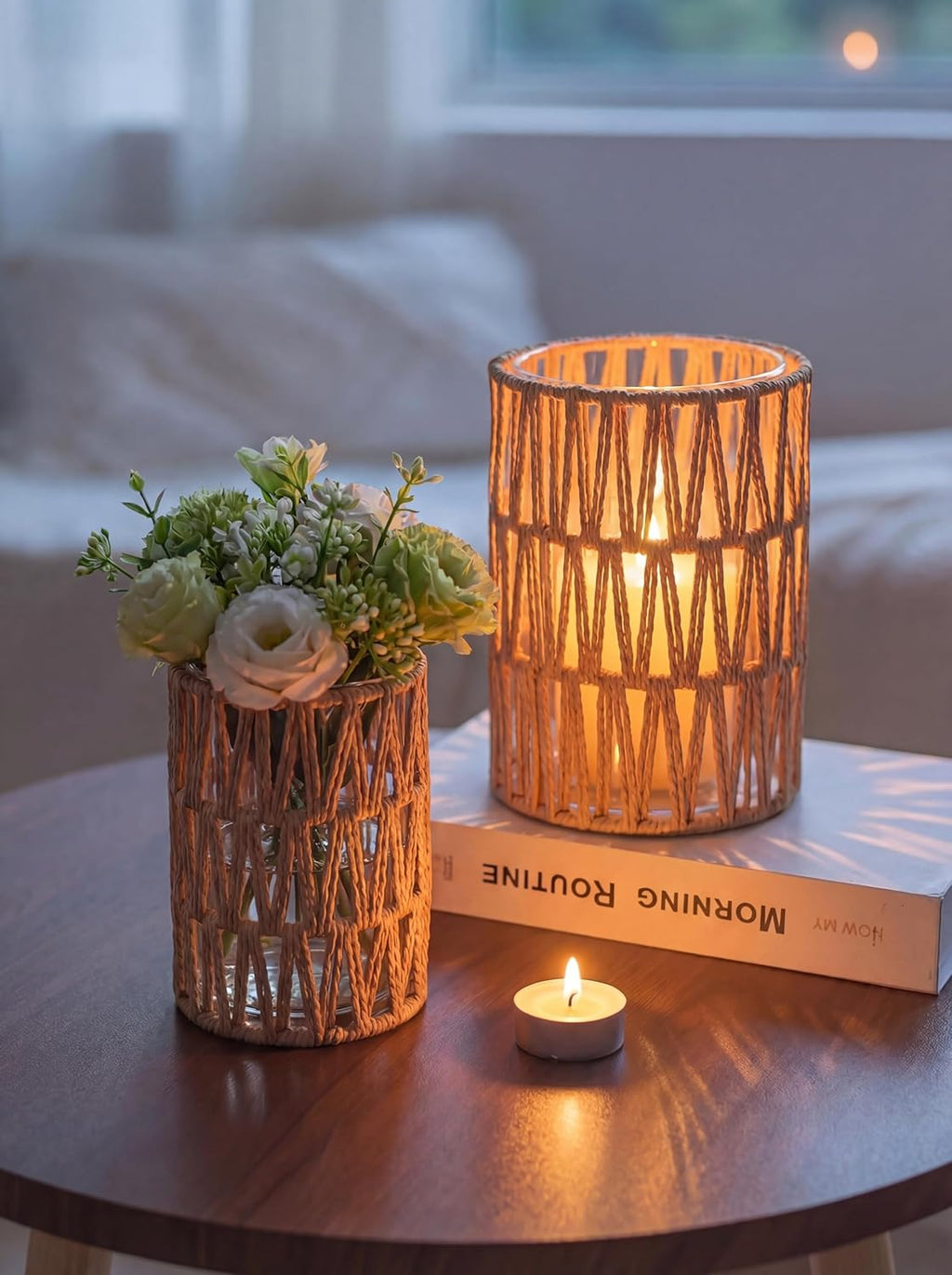 NUPTIO Rattan Boho Hurricane Lanterns: Set of 2 Pillar Candle Holders with Glass Cylinders- Farmhouse Vases for Home Coffee Table Centerpieces Decor