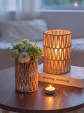 NUPTIO Rattan Boho Hurricane Lanterns: Set of 2 Pillar Candle Holders with Glass Cylinders- Farmhouse Vases for Home Coffee Table Centerpieces Decor