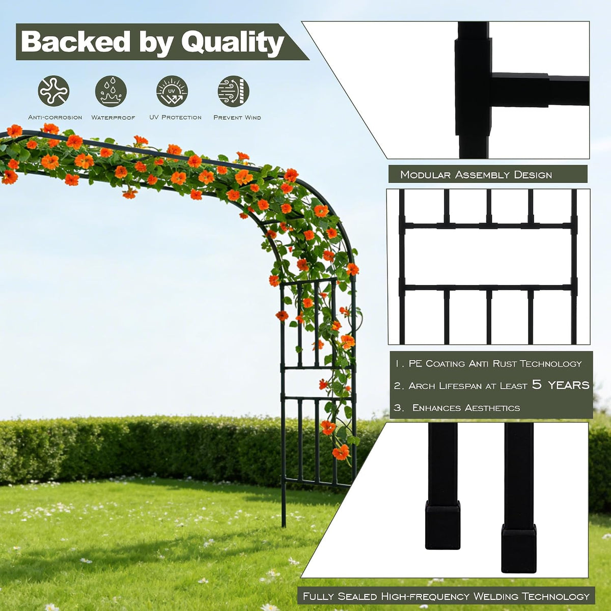 square tube garden arch trellis, 10.5ft x 8.2ft showing dimensions