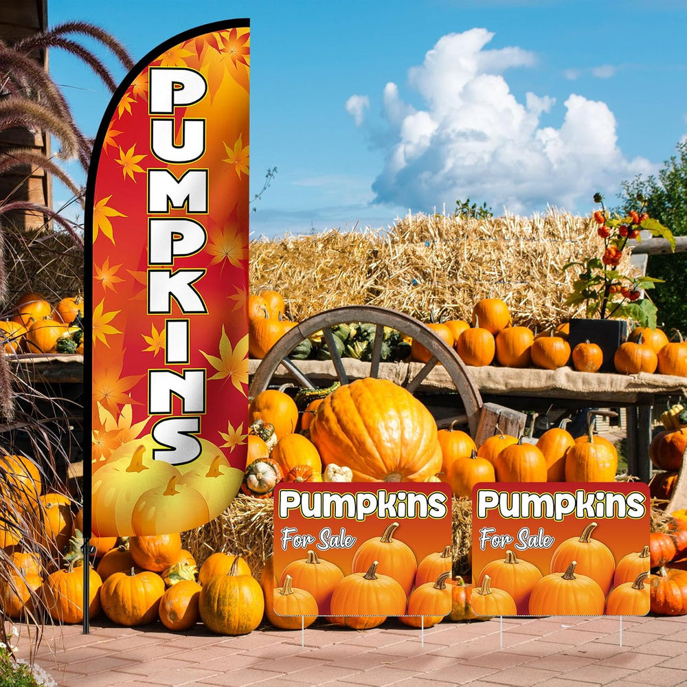6 Pcs Pumpkin Feather Flag Kit with Yard Signs and Metal Stakes