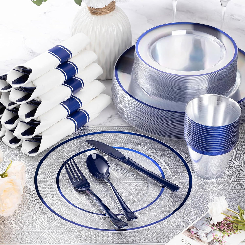 350 Pcs Clear Blue Plastic Plates Disposable for Party 50 Guests