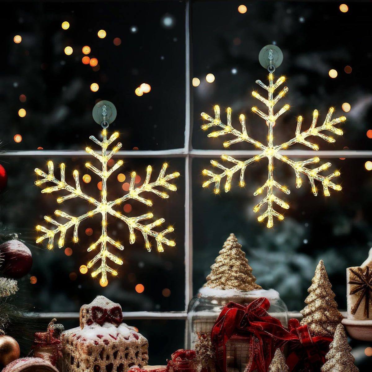 christmas window snowflake hanging lights, warm white, 13, package contents