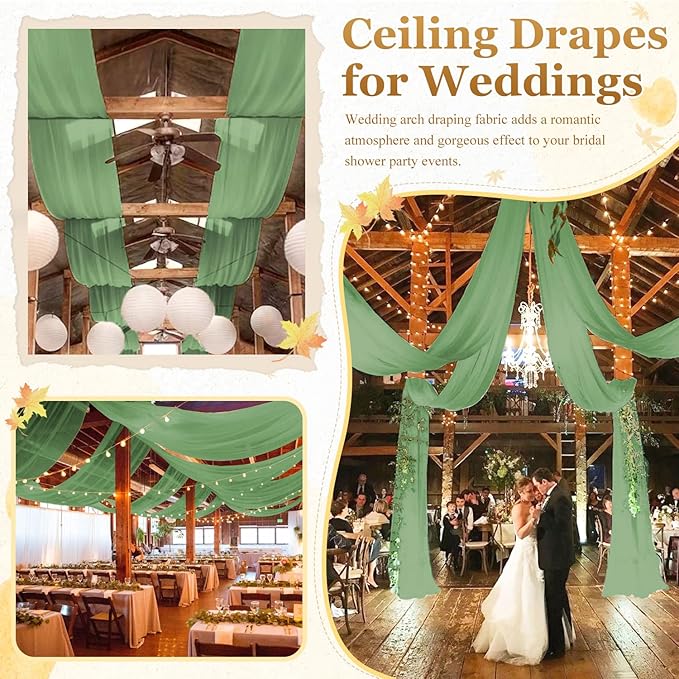 MODFUNS Ceiling Drapes for Weddings Sage Green Ceiling Draping Fabric 2 Panels 5x30ft Chiffon Wedding Arch Drapery Sheer Curtain Drapes Voile Ceiling Curtain for Wedding Party Ceiling Decor