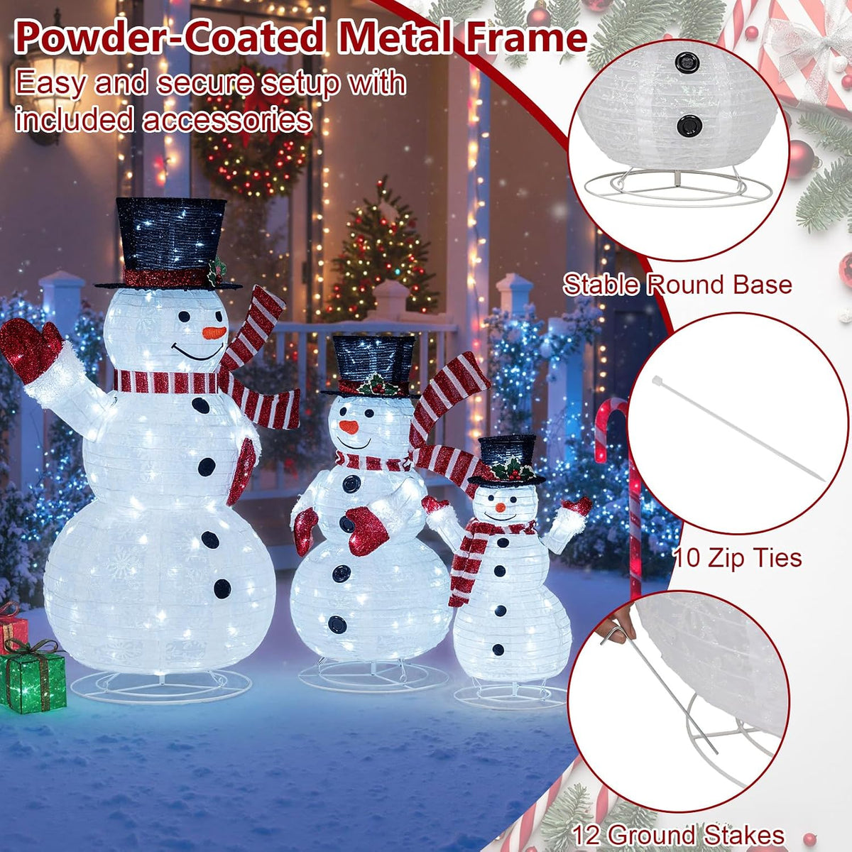 Tangkula 3-Piece Christmas Lighted 3D Snowman Family, 4.1 FT Snowman Set