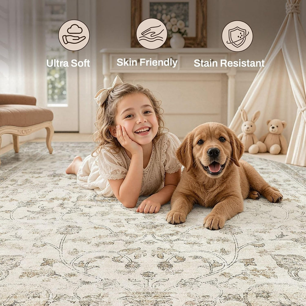 Washable 3x8 Runner Rug: Non Slip Soft Vintage Beige Entry Area Rug