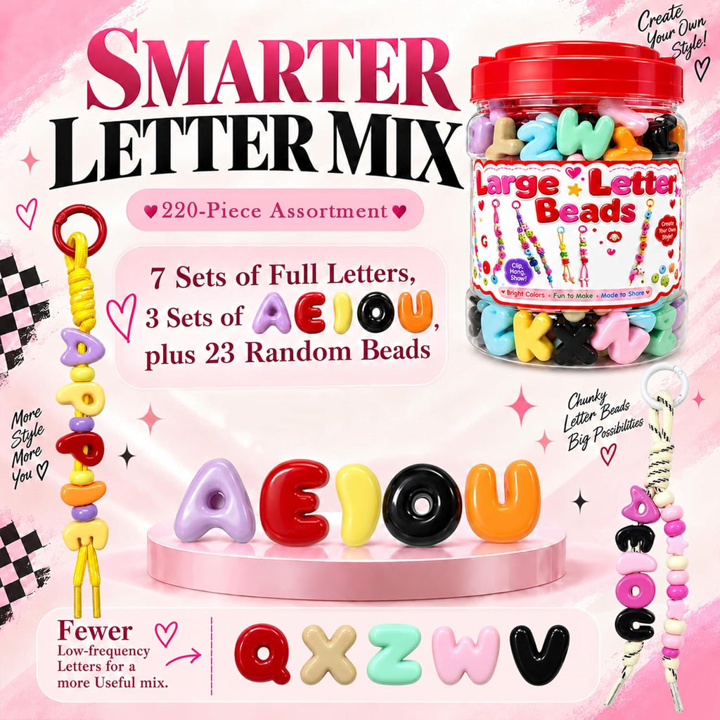kasmena 420pcs chunky large letter beads diy keychain, front angle view