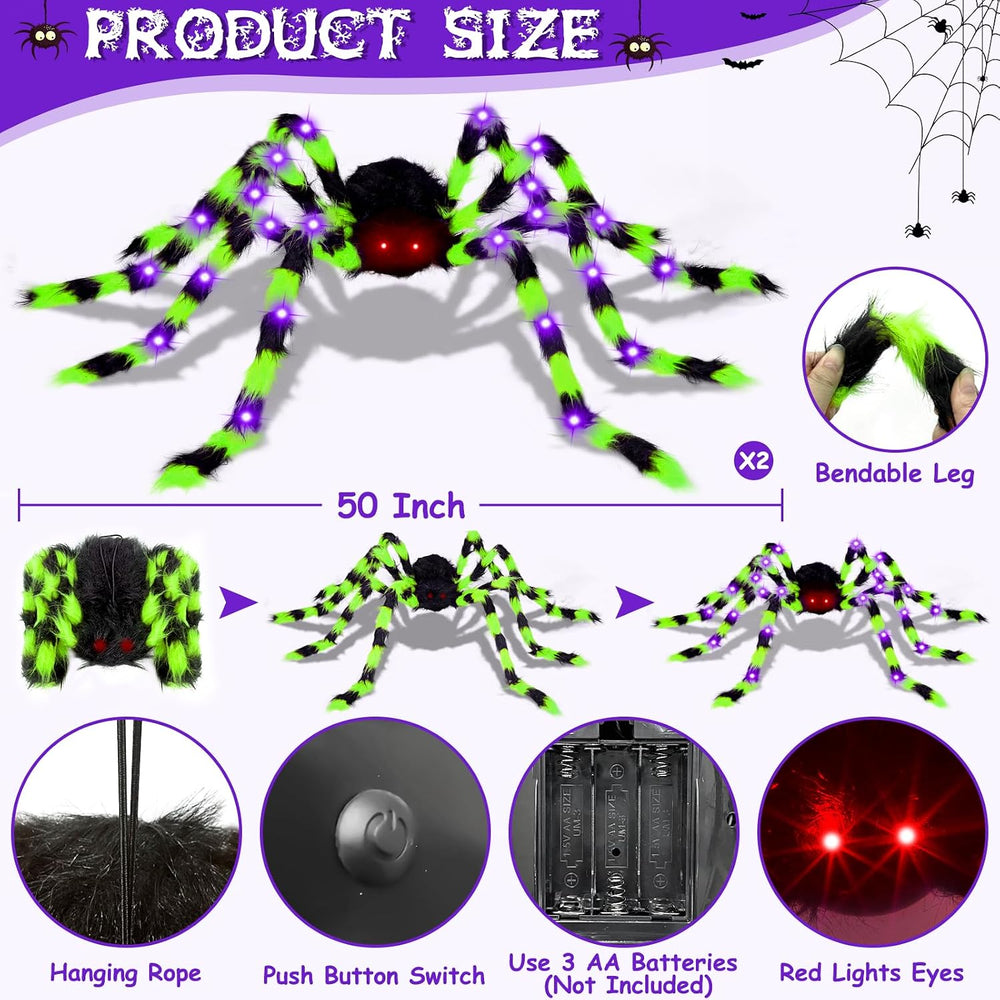 2Pack 50Inch Giant Halloween Spiders Decorations with 8 Modes 30 LED Lights