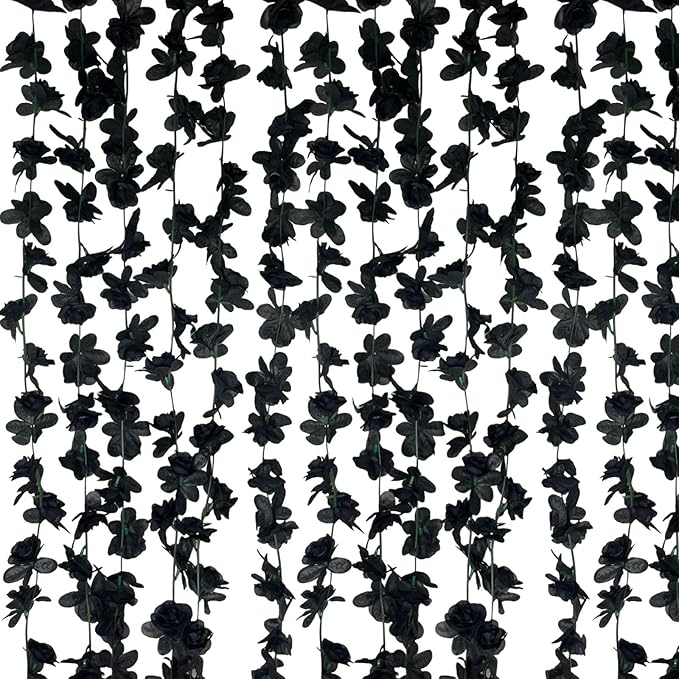 8Pcs 63Ft Black Rose Garland, Fake Rose Hanging Flowers, Artificial Flower Vine, Hanging Floral Vine Garland for Wedding, Birthday Party, Wall Arch, Halloween, Christmas Garden Backdrop Decor
