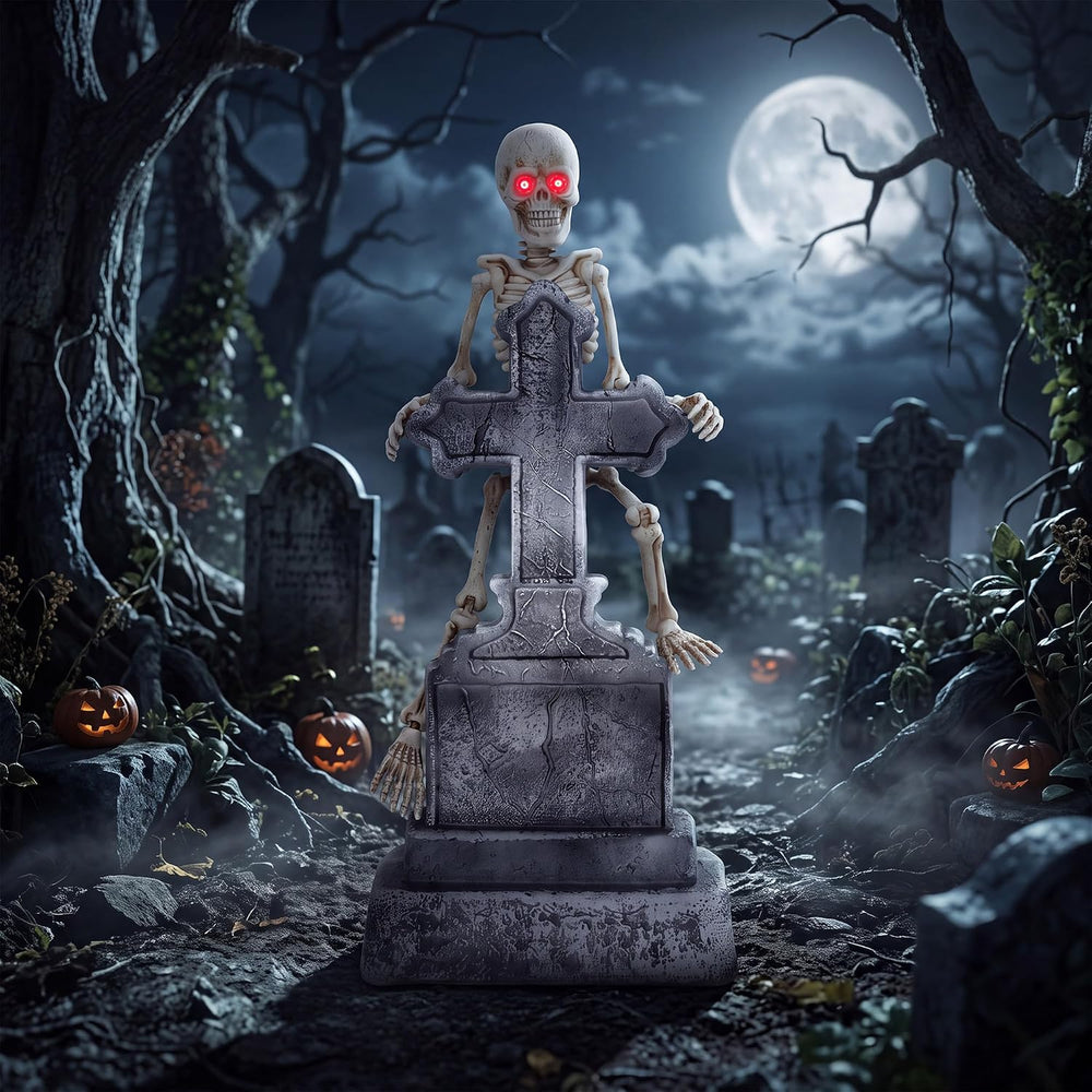 Halloween Animatronic 46in Tombstone, Spooky Scary Skeletons Decoration