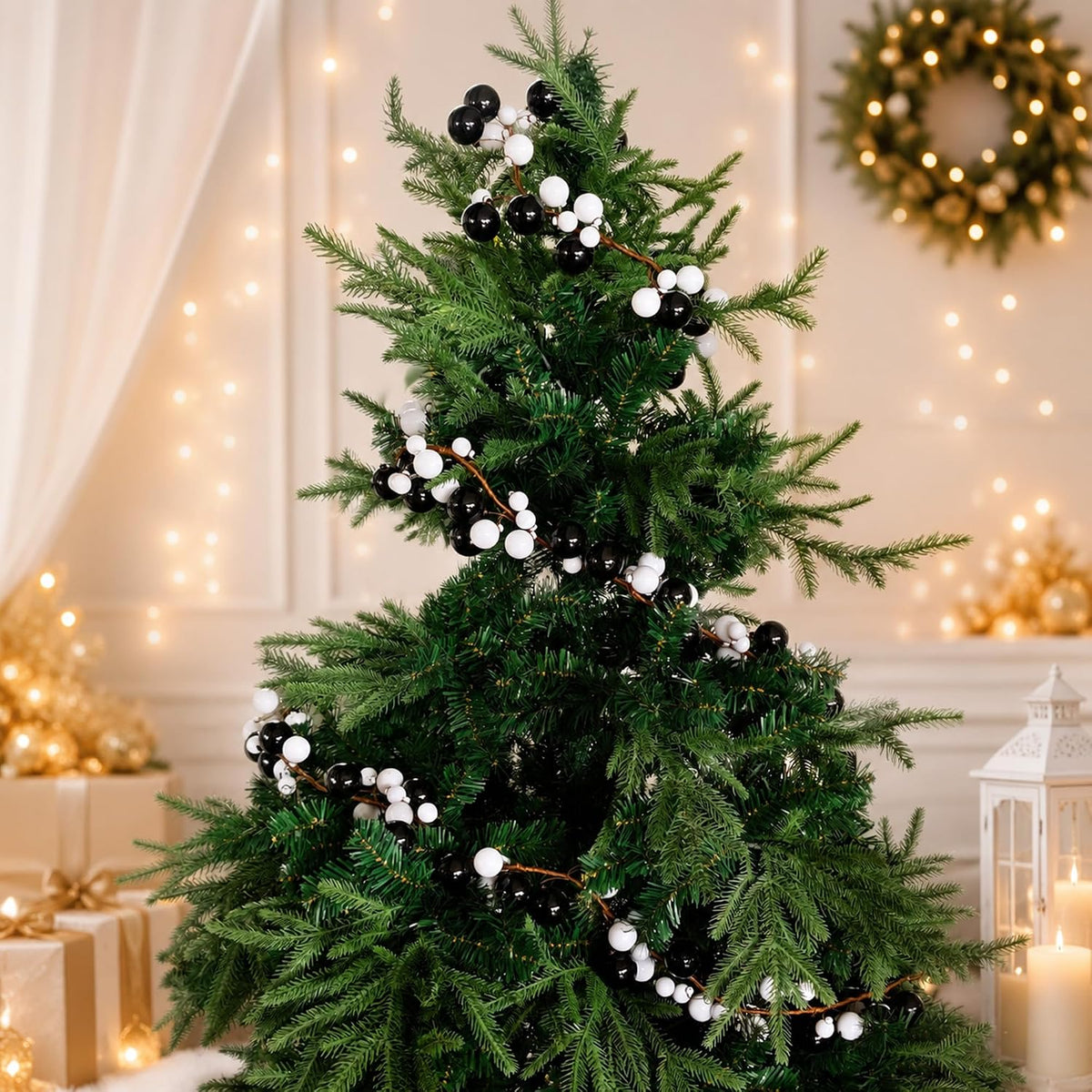9ft Black White Christmas Ball Garland Ornaments, Gothic Xmas Tree Garland