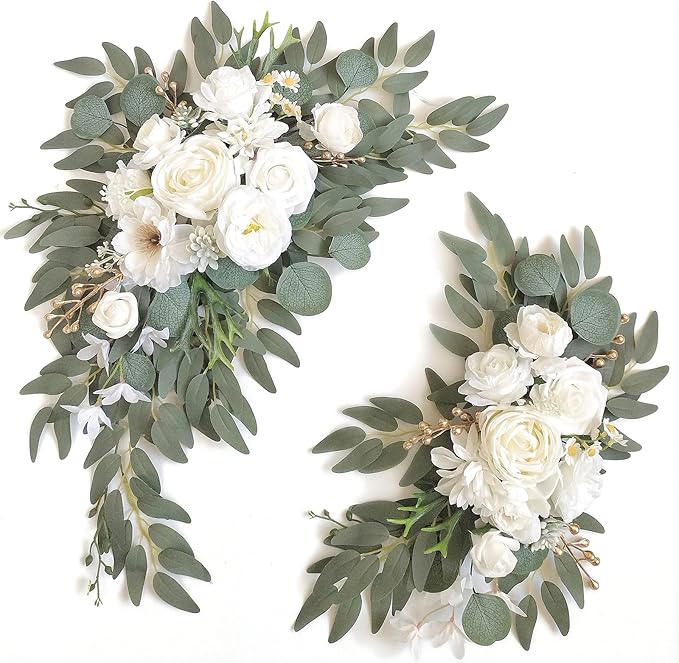 Faux Arch Flower Swag Set of 2 for Wedding Welcome Signs Floral Swag Wedding Reception Ceremony Signs Decor (White)
