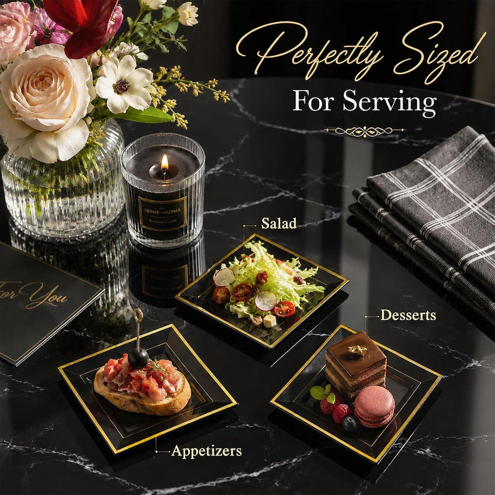 200PCS Black and Gold Plastic Dessert Plates for Halloween Parties