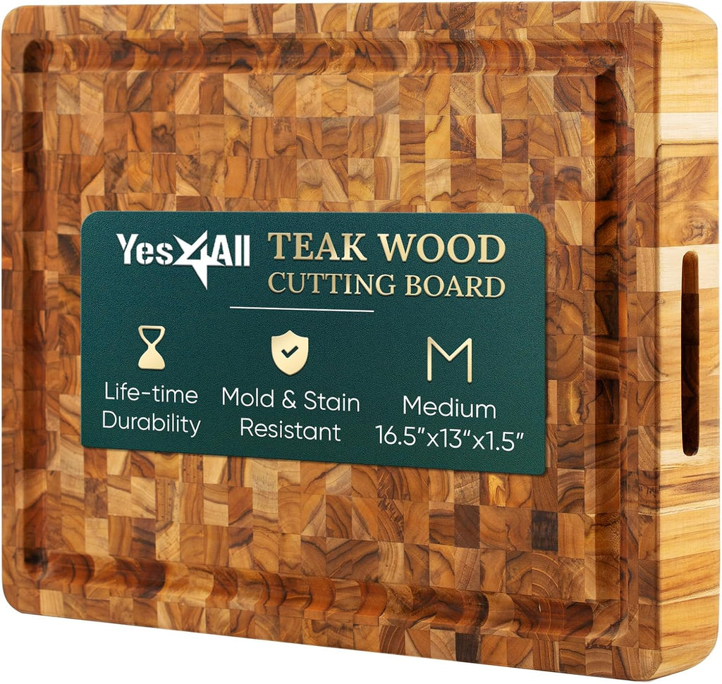 Yes4All Durable Teak Cutting Boards for Kitchen, [17''L x 13''W x 1.5” Thick] Medium End Grain Cutting Board, Pre Oiled Wood Cutting Boards, Thick Chopping Board w/Juice Grooves and Easy Grip Handle