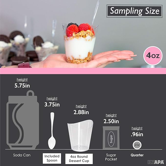 Ilyapa 4oz Plastic Dessert Cups - 100 Pack Mini Dessert Cups with Spoons - Clear Reusable Small Appetizer Cup for Cheesecake Shooters, Chocolate Mousse, Parfait - Party and Catering Supplies - Round