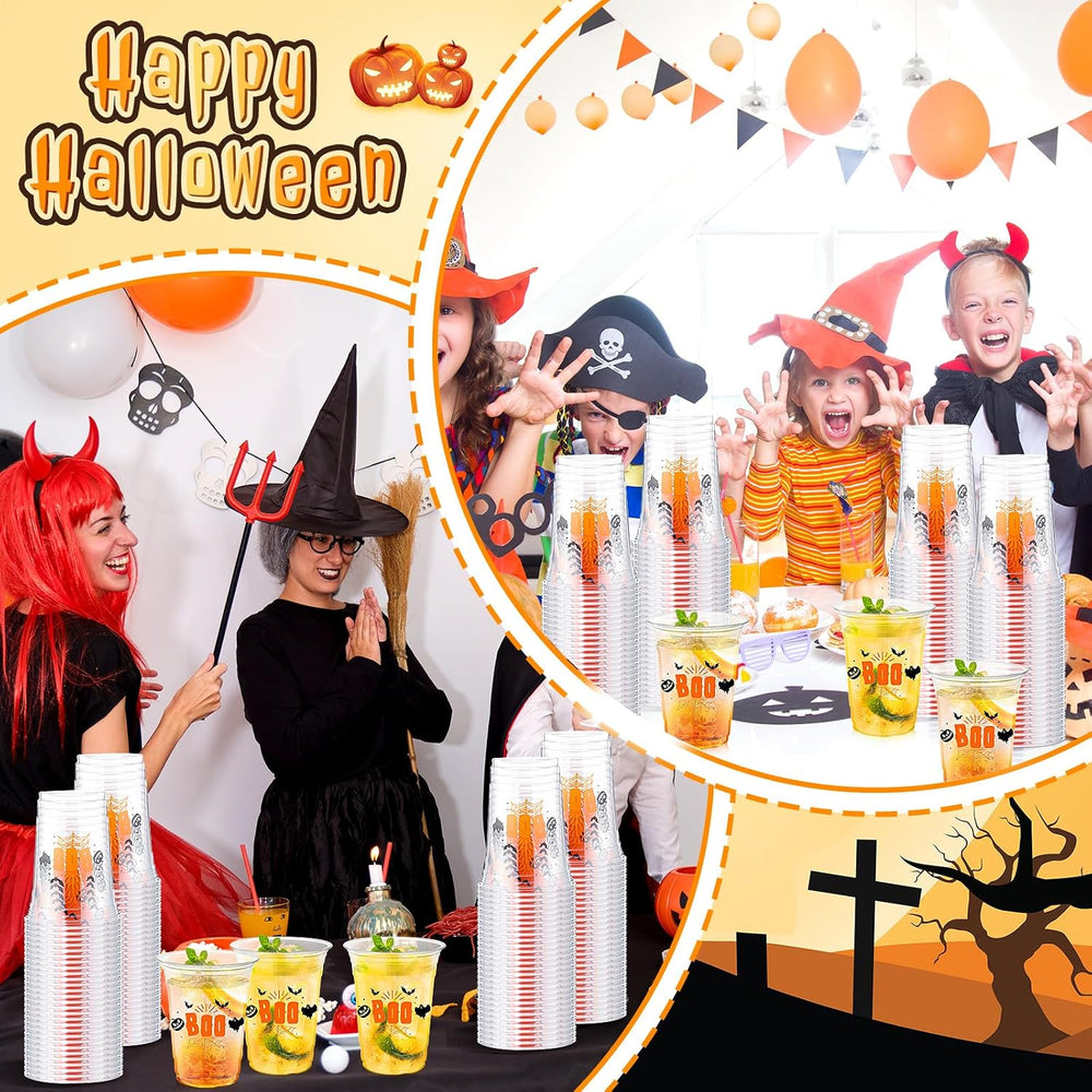 100 Pcs Halloween Plastic Cups Bulk 16 oz Disposable Clear Boo