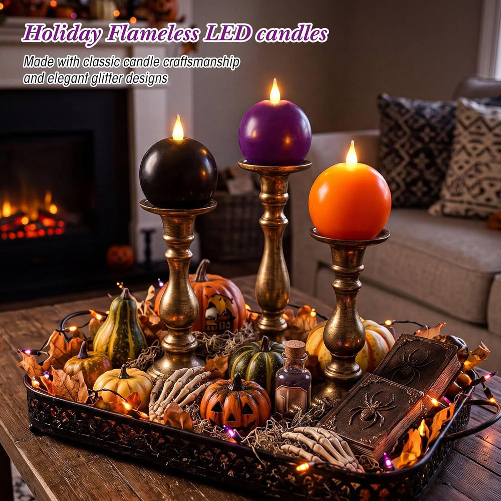Retisee 3 Pcs Halloween Flameless Candles Real Wax Round with Remote Timer