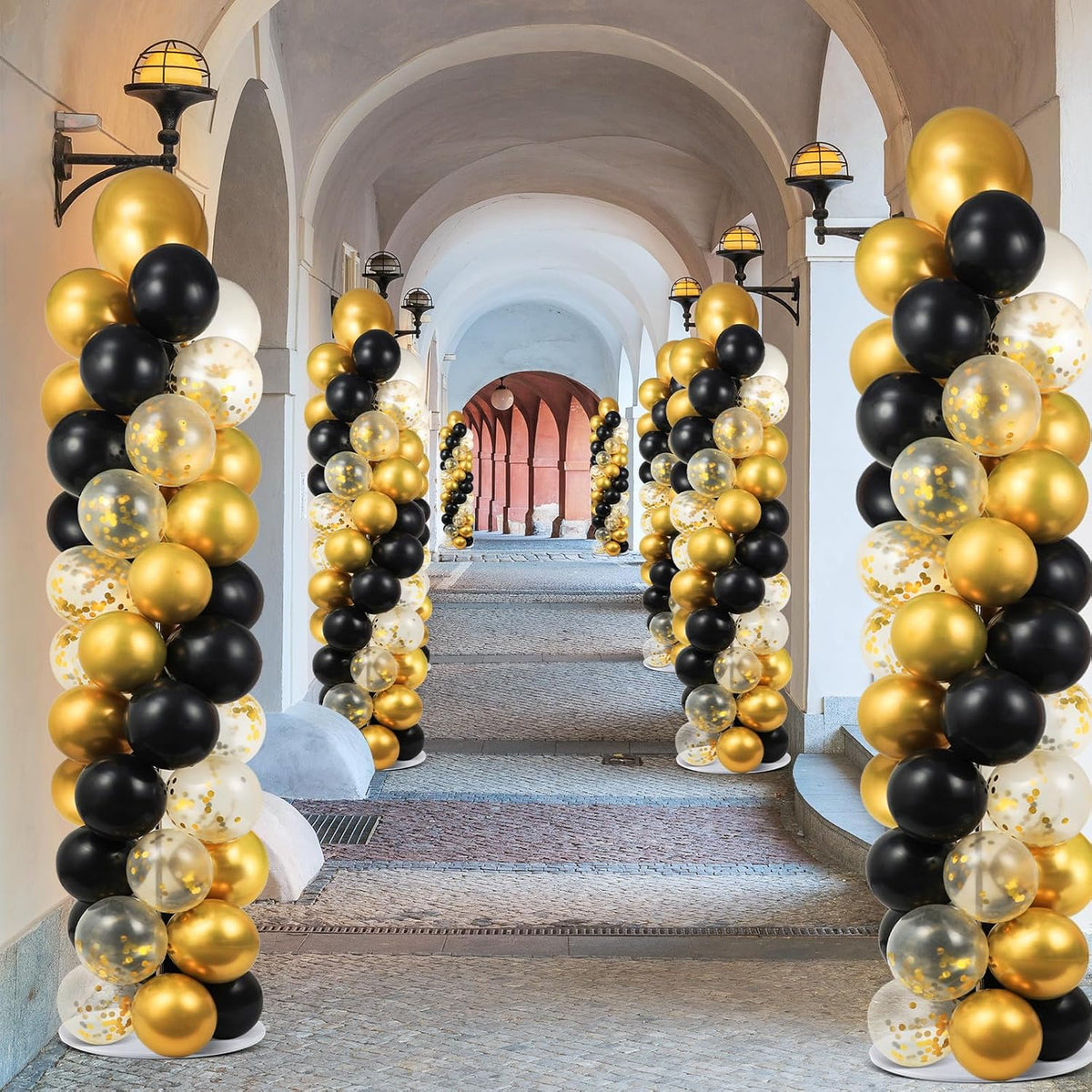 2 Sets Black and Gold Balloon Column Stand Kit with 100 Balloons Summer Adjustable Balloon Tower Stand with Bases for Floor Balloons Column Kit for Birthday Engaged Wedding Back to Shool Party Decor