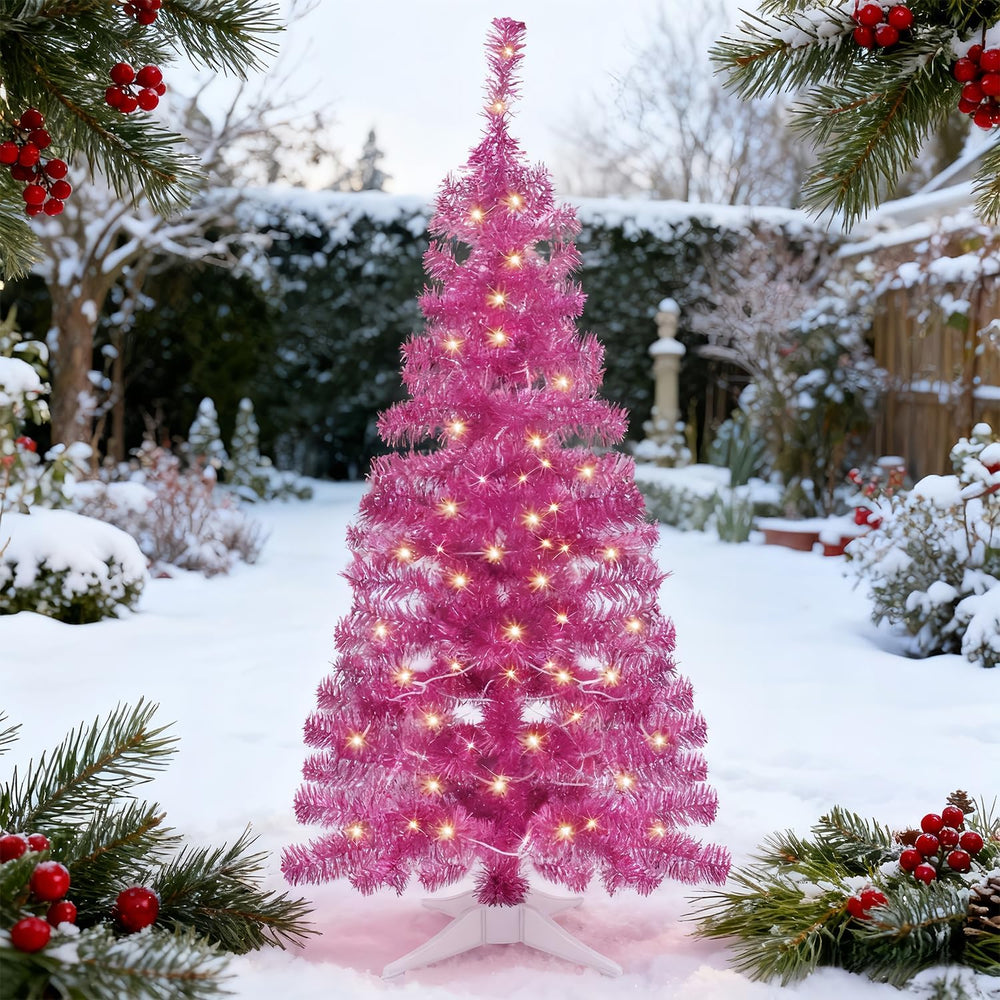 Juegoal Pink Artificial Tree, 4 FT Pre-lit Christmas Tree, Lighted Tinsel Pen...