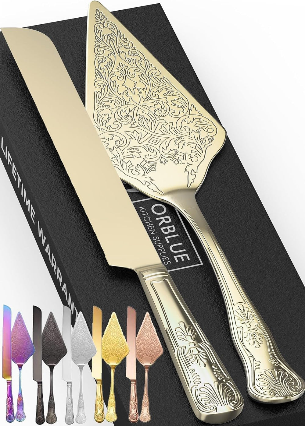 Orblue Wedding Cake Knife and Server Set - Premium, Beautifully Engraved Cutt...
