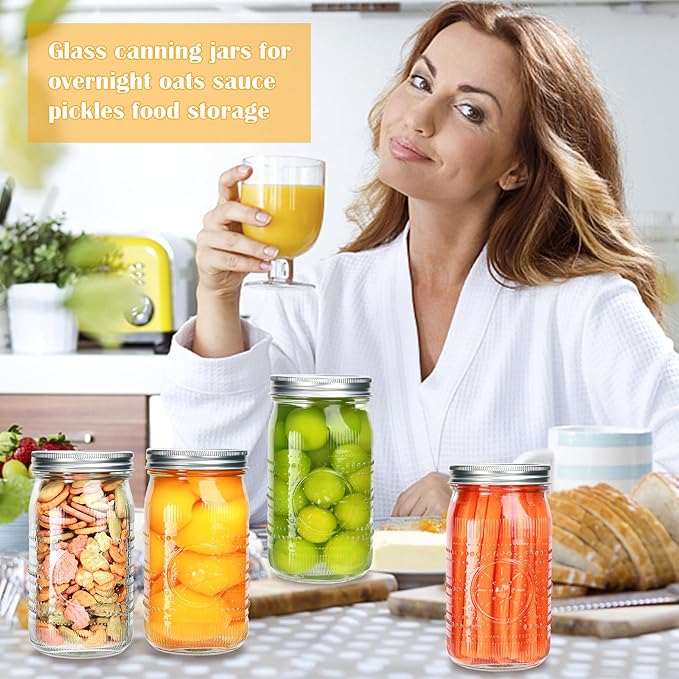 Encheng 12 Pack 32oz Wide Mouth Mason Jars with Lids and Bands,Clear Glass Canning Jars for Fermenting,Preserving,Quart Size Large Mason Jars for Jam,Pickling,Meal Prep,DIY Crafts