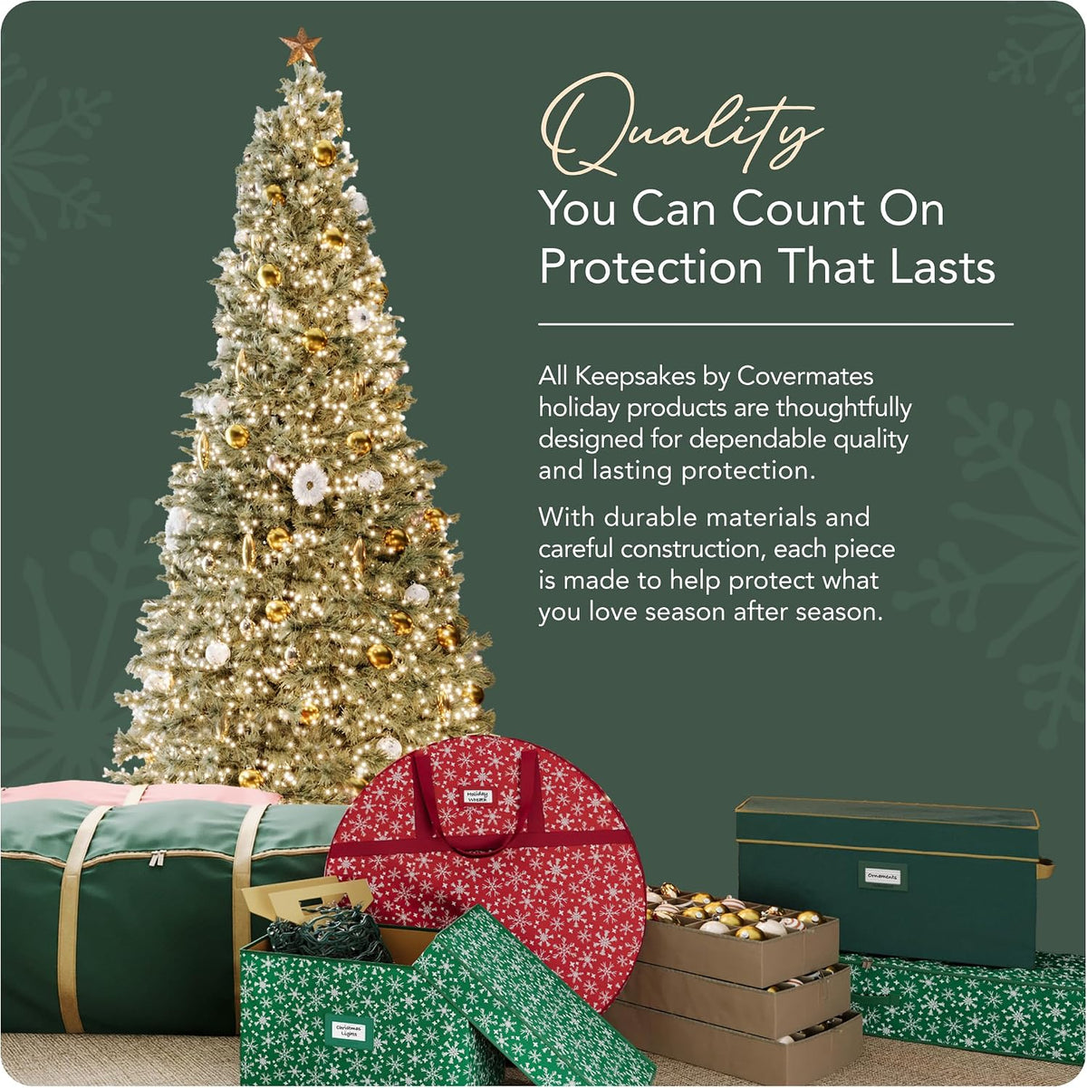 covermates hanging gift wrap storage bag, green snowflake showing dimensions