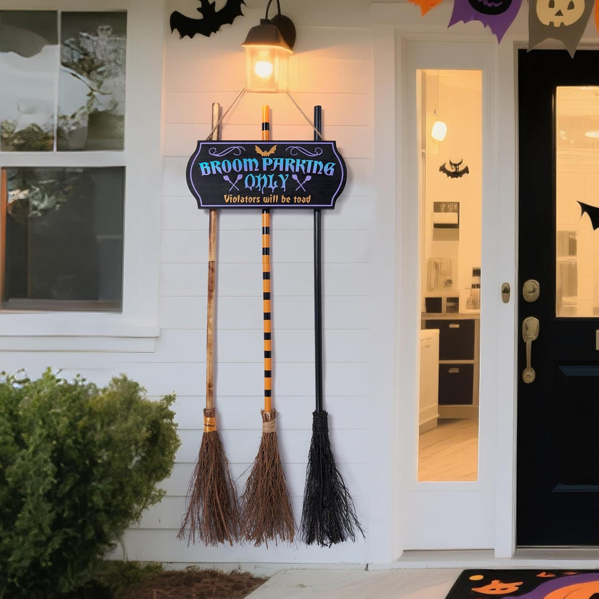 JOYIN Halloween Broom Parking Sign with 3pcs Wooden Witches Brooms, Halloween Decorations Outdoor, Wooden Warning Sign for Front Porch Wall Decor Home Office Indoor