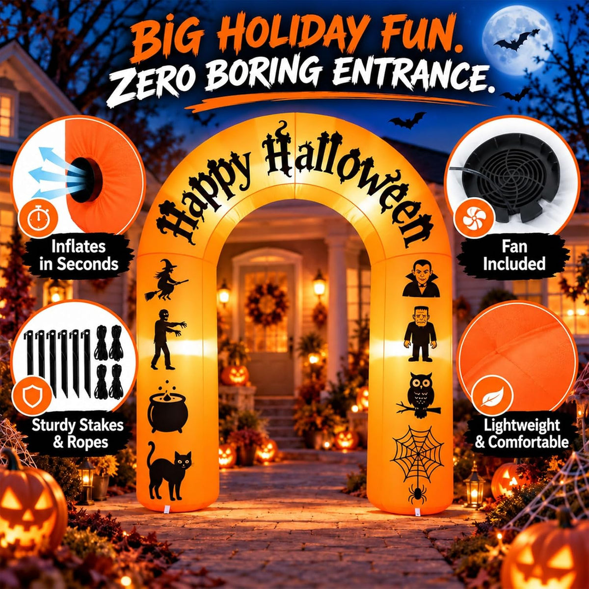 8FT Halloween Inflatable Arch with LED Lights, Orange, Happy Halloween Archway with Witch, Zombie, Vampire, Frankenstein, Owl, Spider, Black Cat for Indoor Outdoor Decor