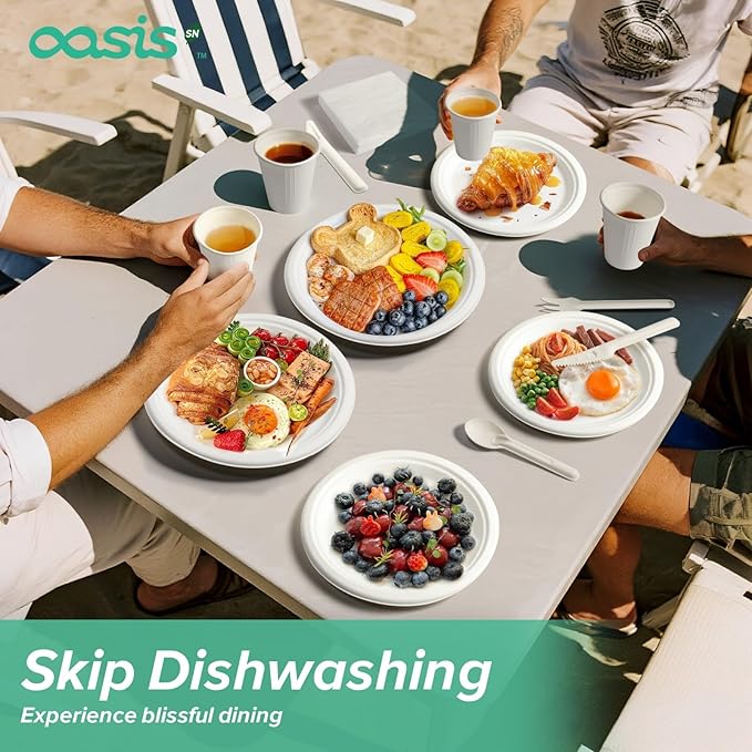 350PCS Disposable Paper Dinnerware Set for 50 Guests, Compostable 50 Dessert Plates, 50 9 inch Plates, 50 Cups, 50 Spoons, 50 Forks, 50 Knives and 50 Napkins, Perfect for Parties(White)