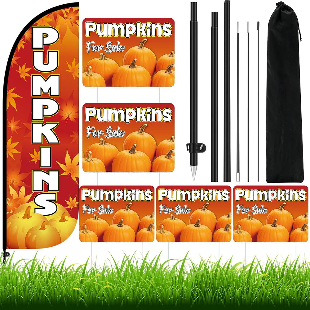 6 Pcs Pumpkin Feather Flag Kit with Yard Signs and Metal Stakes
