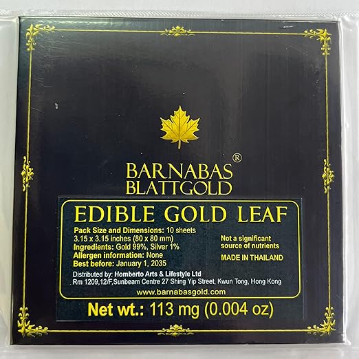 Barnabas Blattgold Edible Gold Leaf 24K - Cake Decorations, Loose Gold Leaf Sheets for Cupcakes - 3.1 inches, Book of 10