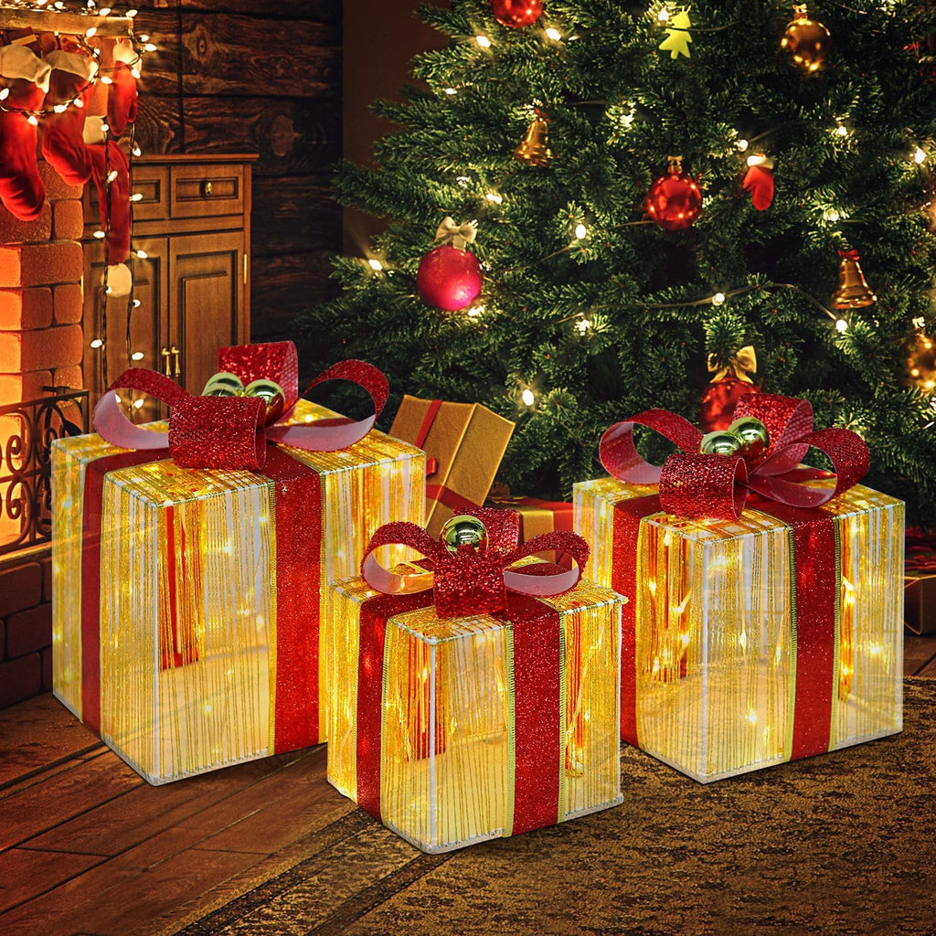 domkom set of 3 christmas lighted gift boxes shown in use
