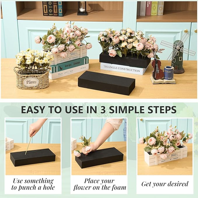 Lallisa 4 Pcs Reusable Floral Foam Blocks Water Weather Resistant Dry Floral Foam for Artificial Flower Arrangements Outdoor Flower Boxes Hanging Planters Wedding Home Decor (11.8 x 4.7 x 2'',Black)