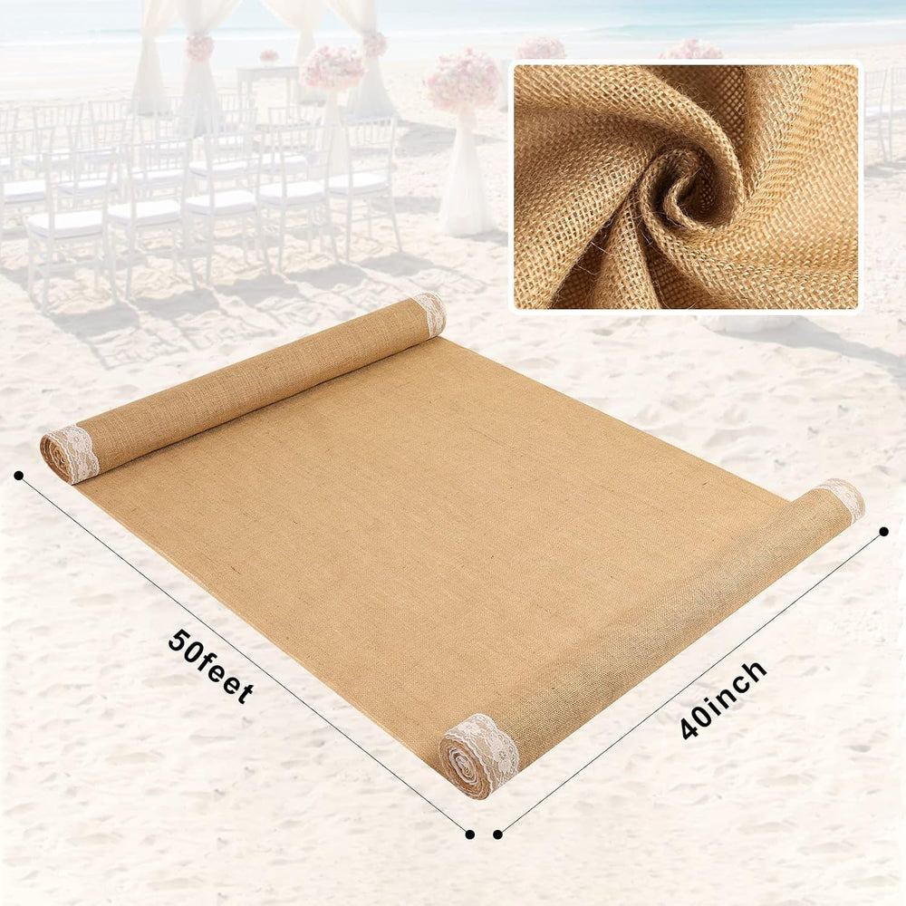AK TRADING CO. 40" Wide Natural Burlap Wedding Aisle Runner with Ivory L...