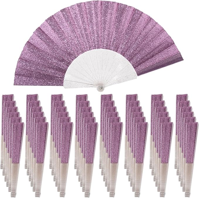 48 Pack Handheld Fan,Folding Hand Glitter Fan with Shining Transparent Fan Rib – Ideal for Wedding, Church, Festival, Dance, Tea Party, Club, and EDM Accessories, Purple