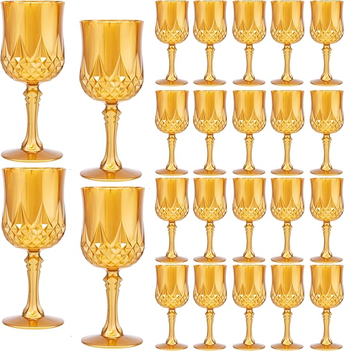 JLYLOL Plastic Vintage Wine Glasses 7OZ Plastic Goblets Vintage Drinking Glasses 24PCS Retro Wedding Glassware Water Goblets Reusable Drinking Cups for Party,Reception,Celebration,Bar,Whiskey(Amber)