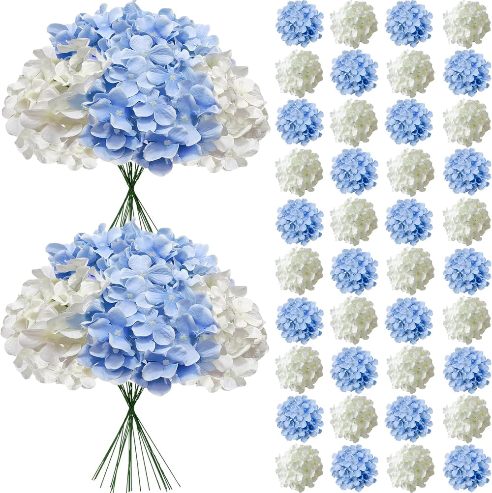 50 Pcs Faux White Blue Hydrangea Artificial Flowers Bulk Fake Flowers