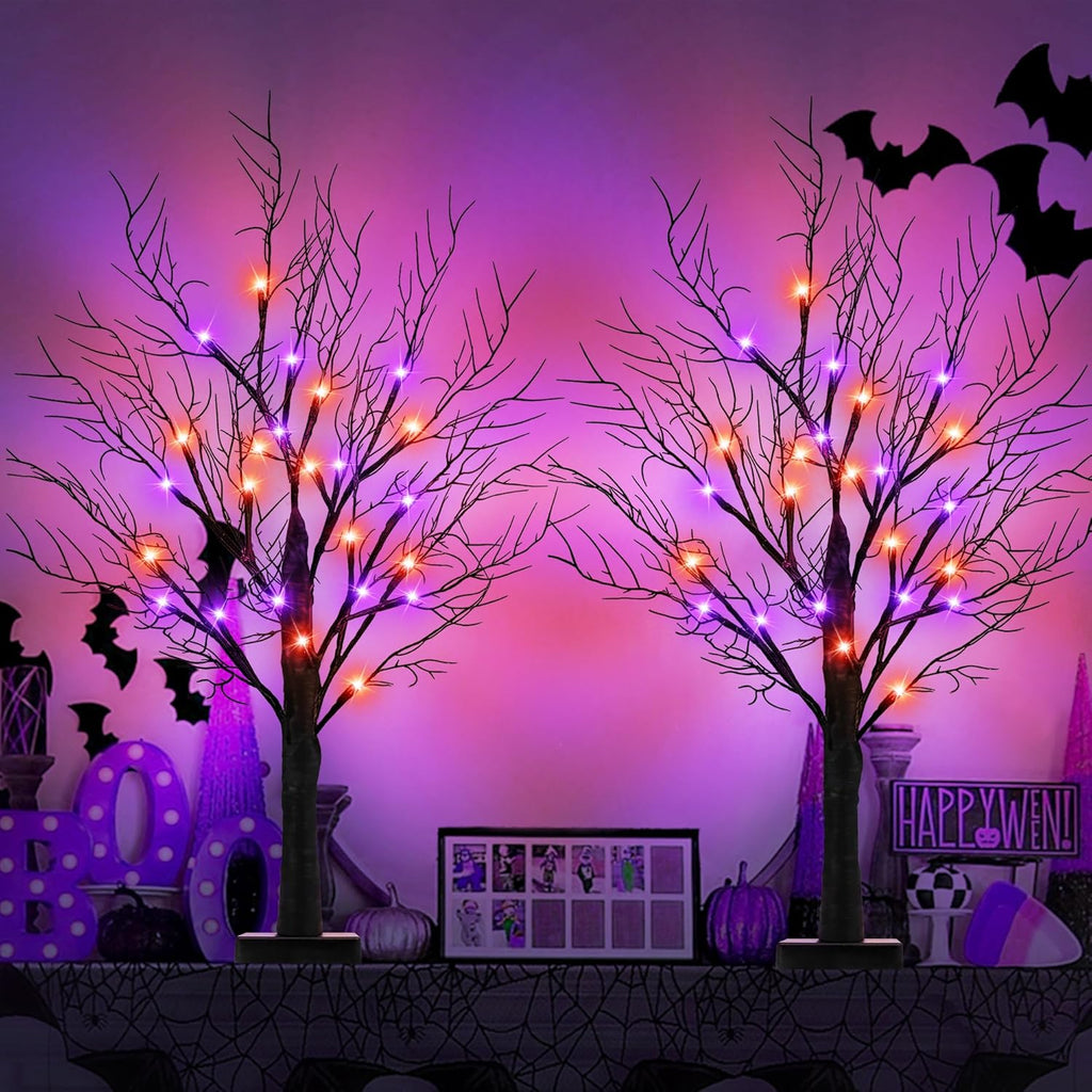 [Timer] 2 Pack Halloween Decorations Indoor, 24 Inch Halloween Tree with 24 Orange & Purple Lights, USB & Battery Operated Black Spooky Tree Halloween Table Decorations Indoor Home Party Decor Room